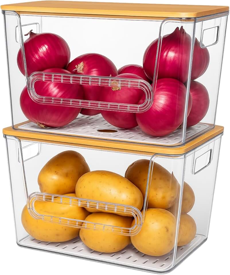 Two Stackable Clear Vegetable Storage Bins with Bamboo Lids