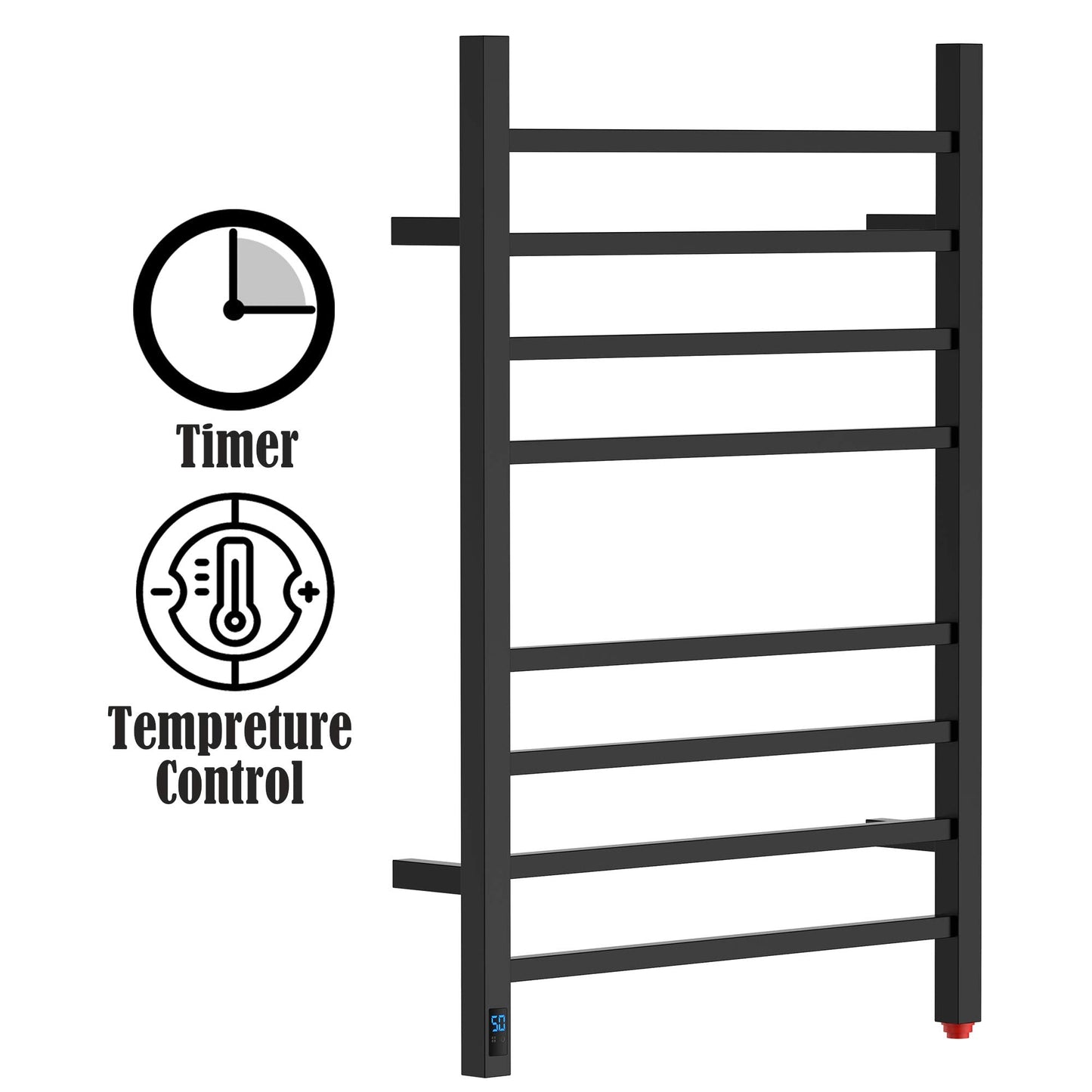 HEAT E Towel Warmer with Timer and Temperature Control, Electric Towel Warmer with 8 Square Bars, Wall-Mounted Electric Towel Rack with 8 Square Bars, Plug-in/Hardwired Towel Rails  Matte Black