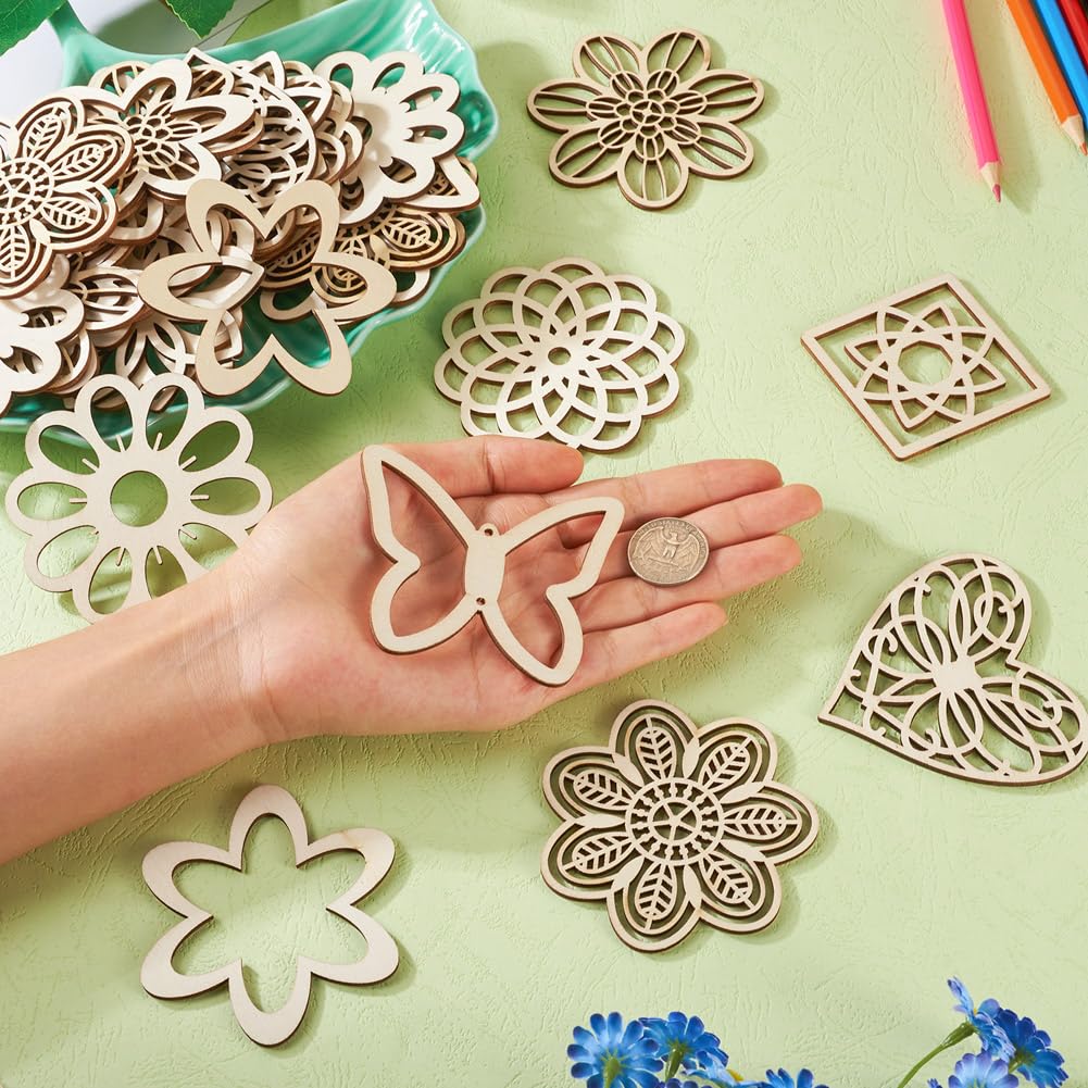 48pcs Unfinished Laser Cut Wood Flower Shapes for Crafting