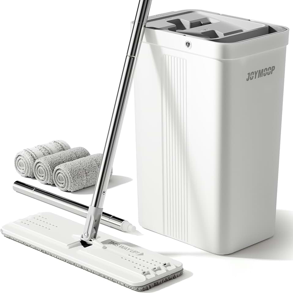 White mop and bucket set with wringer and microfiber cloths