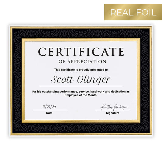 Black Frame Gold Foil Certificate Set, 8.5” x 11”, 15 Pack