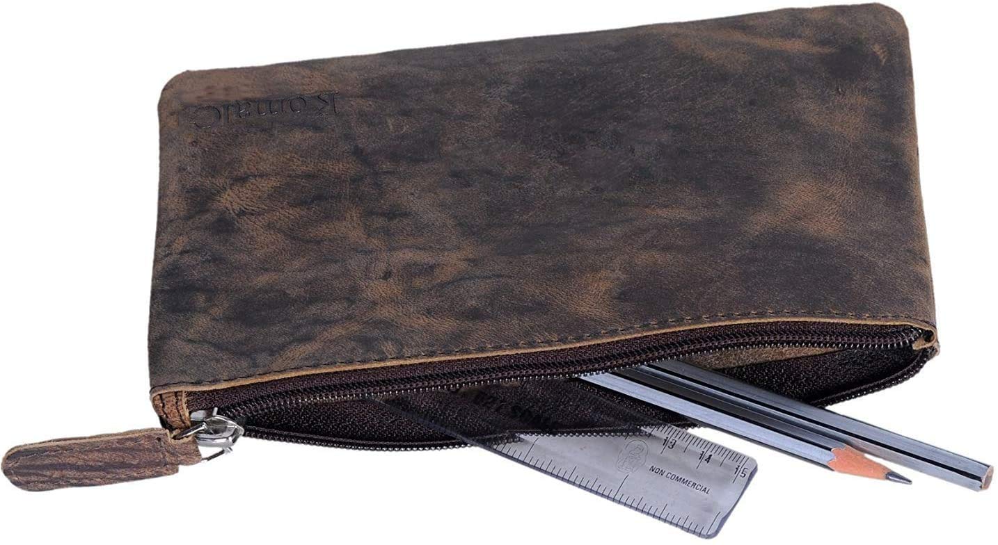 Leather zippered pencil case for artists and office use