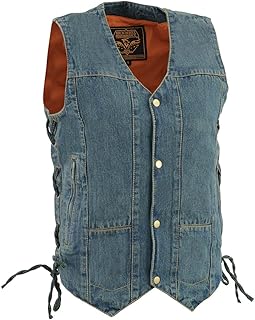 Men's Blue Denim Motorcycle Biker Vest with 10 Pockets