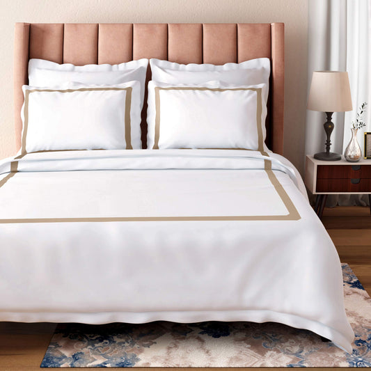 100% Cotton Banded King Duvet Cover Set, 300 Thread Count Sateen Weave GOTS Comforter Cover with Buttoned Closure and 2 Pillow Shams  White  Sand, 104x90 inches
