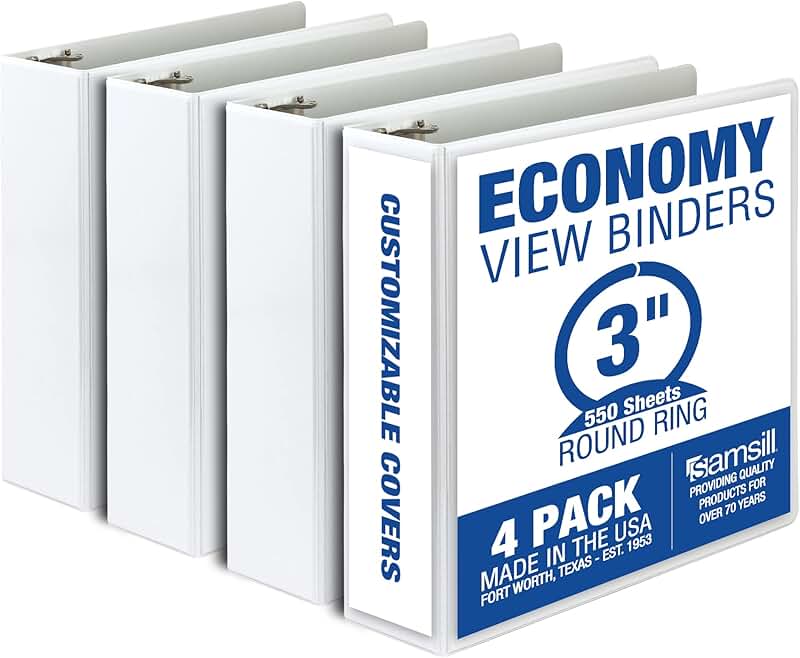 Set of four 3-inch white round ring binders with clear covers