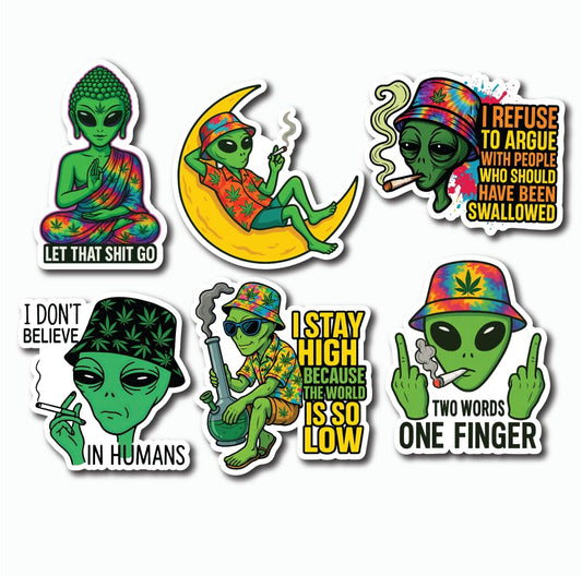 Six Funny Alien Smoking Vinyl Stickers for Laptops and More
