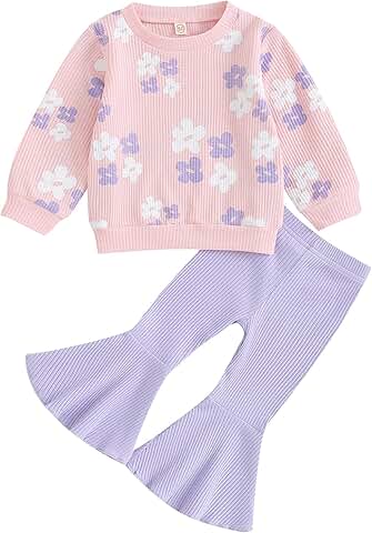 Baby Girl Fall Winter Floral Knit Sweatshirt and Flare Pants Set