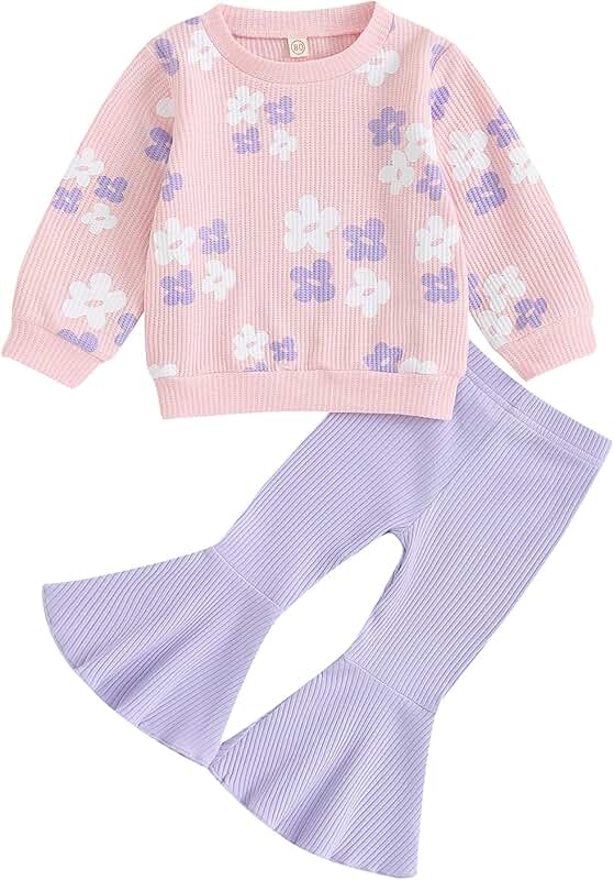 Baby Girl Fall Winter Floral Knit Sweatshirt and Flare Pants Set