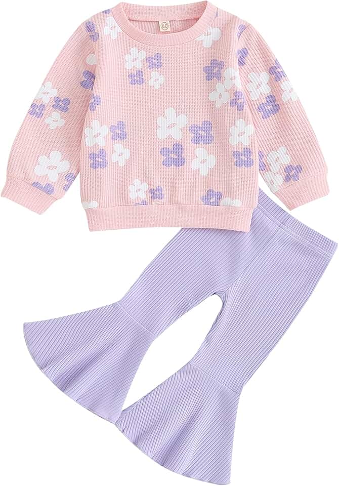 Baby Girl Fall Winter Floral Knit Sweatshirt and Flare Pants Set