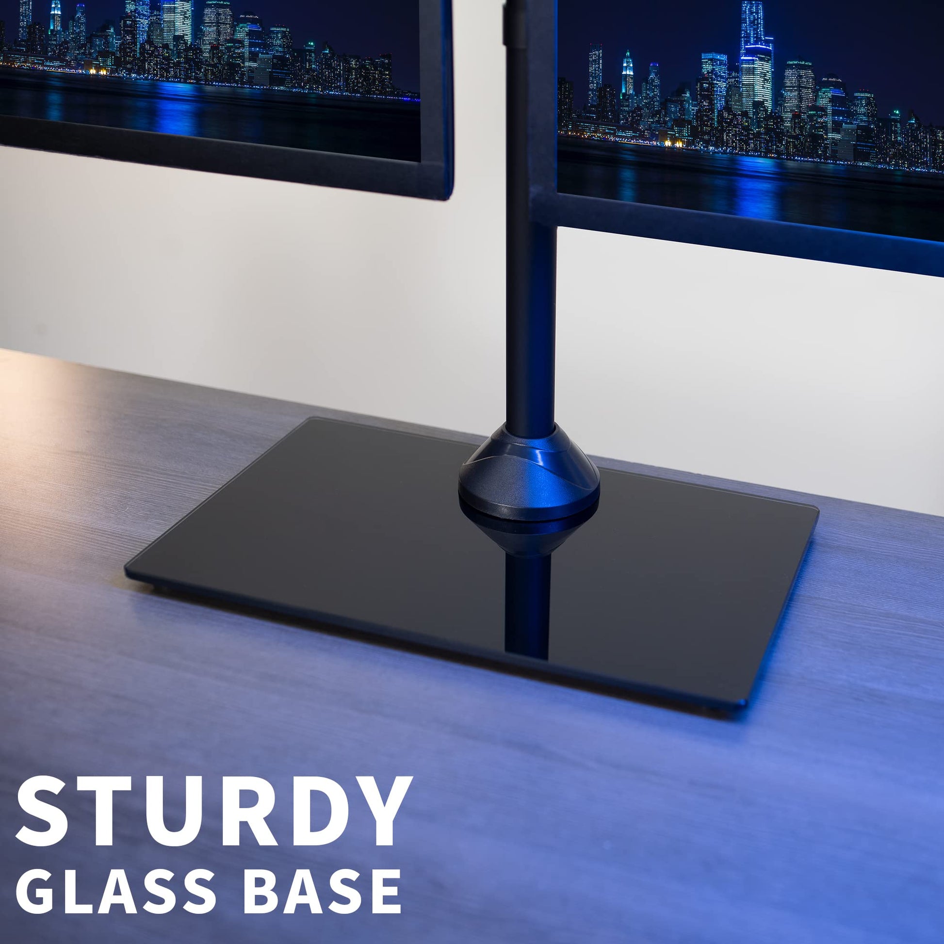 Freestanding Dual Monitor Stand with Sleek Glass Base and Adjustable Arms, Mounts 2 Screens up to 27 inch and 22 lbs Each, Black, STAND-V002FG