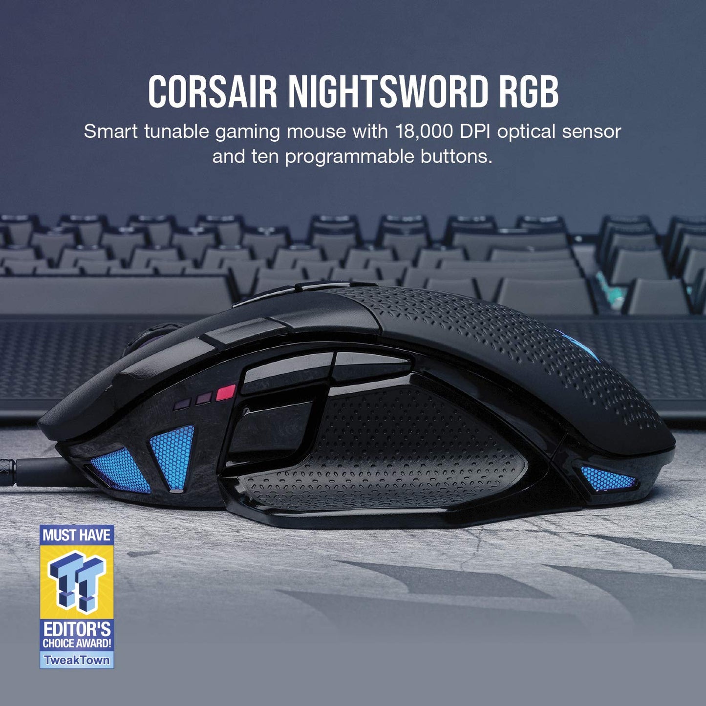 Nightsword RGB - Comfort Performance Tunable FPS/MOBA Optical Ergonomic Gaming Mouse with Backlit RGB LED, 18000 DPI, Black