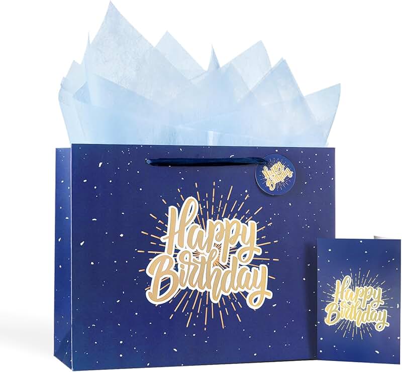 Blue 13-inch Happy Birthday Gift Bag with Tissue and Card