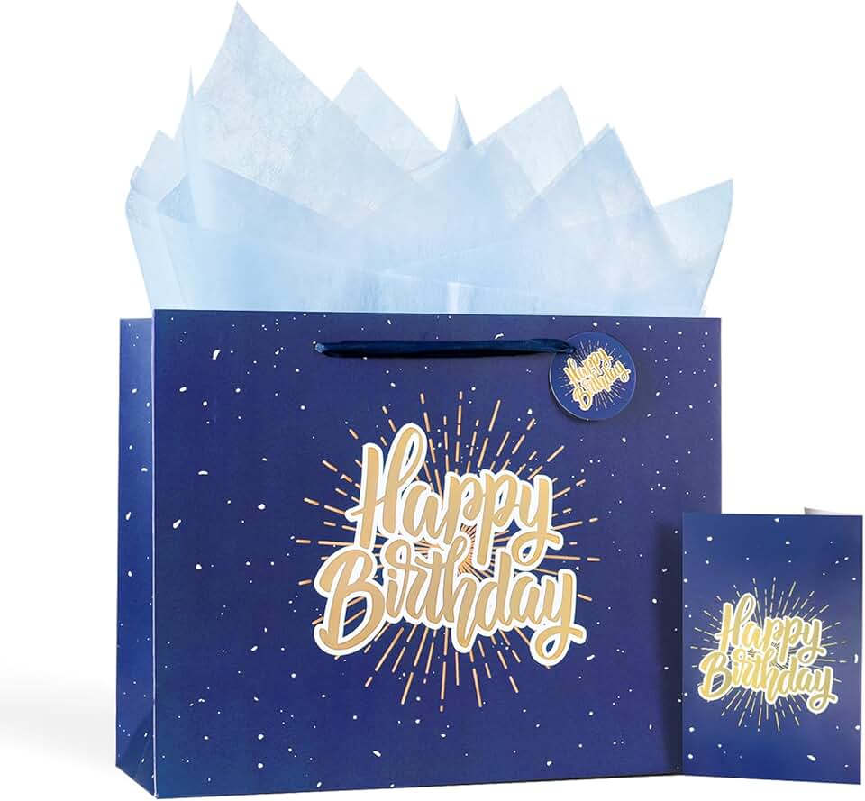 Blue 13-inch Happy Birthday Gift Bag with Tissue and Card