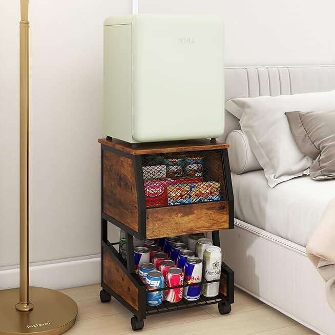 Compact Refrigerator Stand with Beverage Storage and Wheels