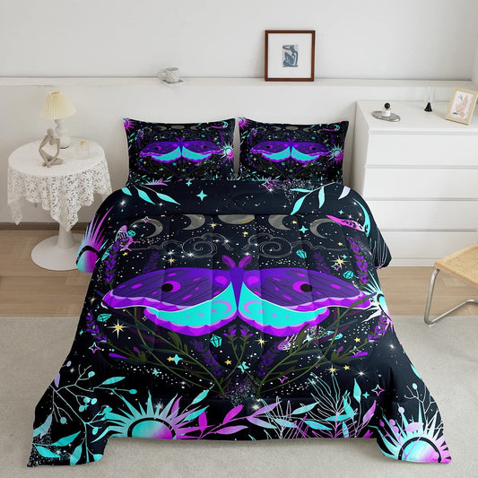 Purple Blue Moth Bedding Set for Boys Girls Teens,Sun and Moon Comforter Set Bohemian Exotic Style Decor Giltter axy Quilt Comforter Gradient Butterfly Botanical Flower Quilt Duvet,Twin