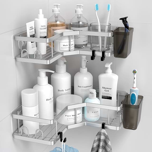 2 Pack Corner Shower Caddy with Hooks and Toothpaste Holder