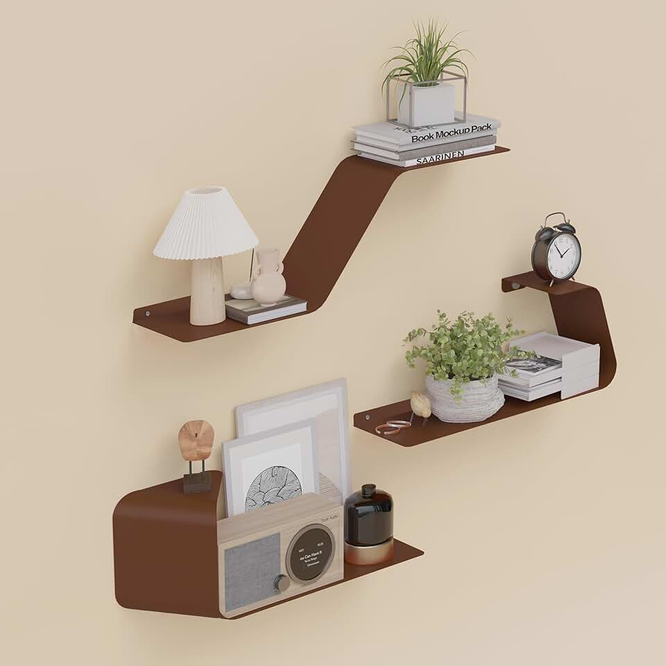 Set of 3 Metal Floating Wall Shelves for Storage and Display