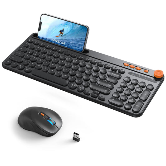 Bluetooth Keyboard and Mouse Wireless, Multi-Device Rechargeable Keyboard and Mouse Combo with Phone Holder, Dual-Mode (Bluetooth 5.0+3.0+2.4GHz), Compatible with Mac/Windows/iOS/Android