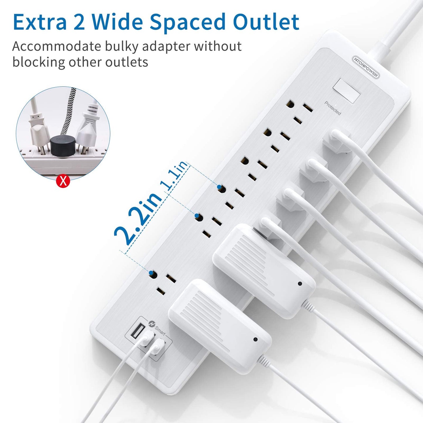 Extension Cord Flat Plug 25 ft , Long Cord Power Strip with 12 Outlets 3 USB, 2100 Joules Surge Protector, 15A Circuit Breaker, Overload Protection, Mounted for Home Office Workbench, White