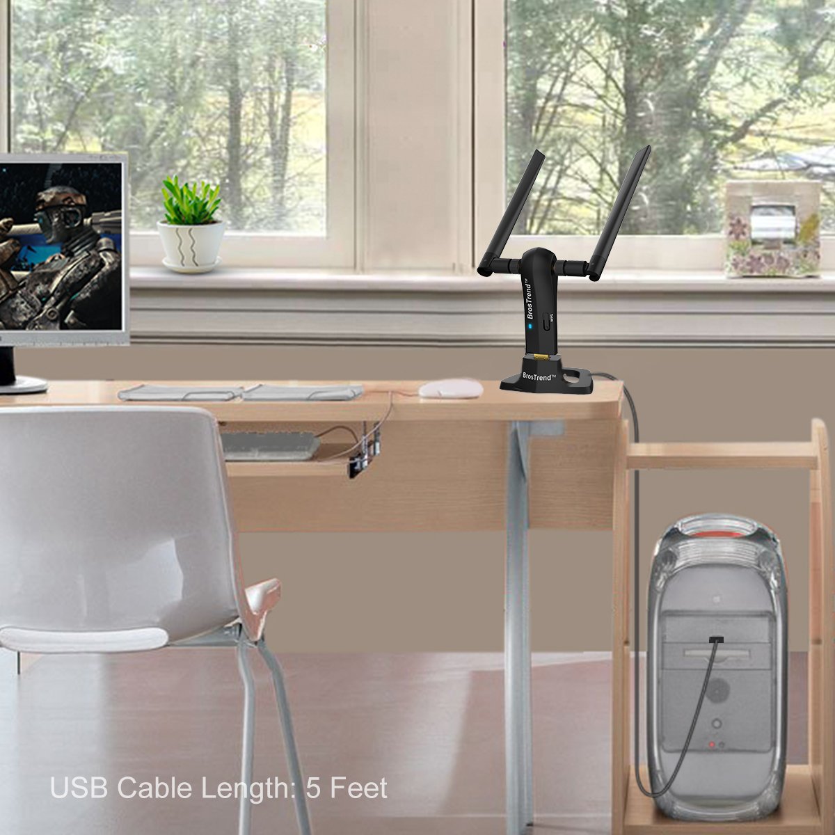 1200Mbps Long Range USB WiFi Adapter for PC Desktop Laptop of Windows 11/10/8.1/8/7, USB Wireless Adapter Dual Band 2.4GHz 300Mbps + 5GHz 867Mbps, 2X 5dBi High Gain Antennas, USB 3.0 Cradle