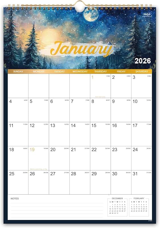 2026 Wall Calendar with Notes and Binding