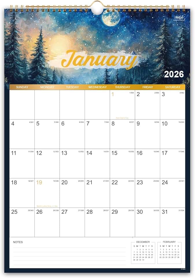 2026 Wall Calendar with Notes and Binding
