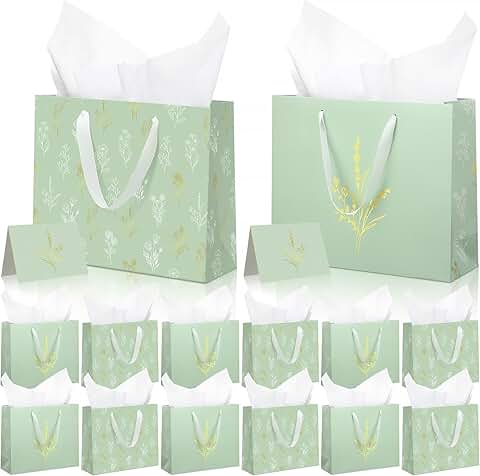 Set of 15 large green gift bags with tissue paper and cards