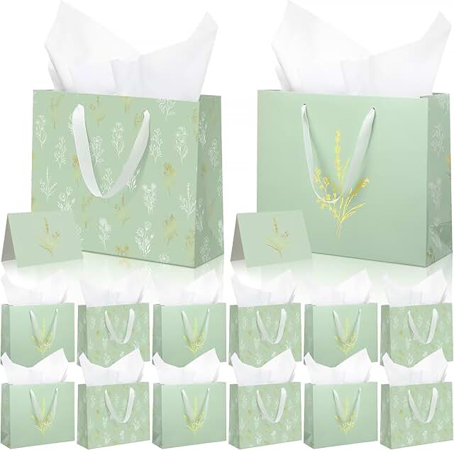Set of 15 large green gift bags with tissue paper and cards