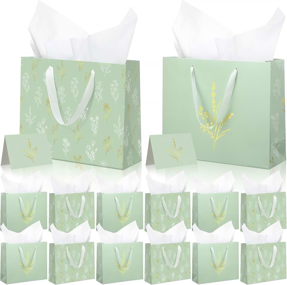 Set of 15 large green gift bags with tissue paper and cards