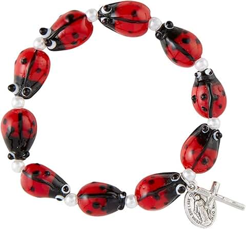 Red Ladybug Rosary Bracelet, Stretchable 7.5 Inches