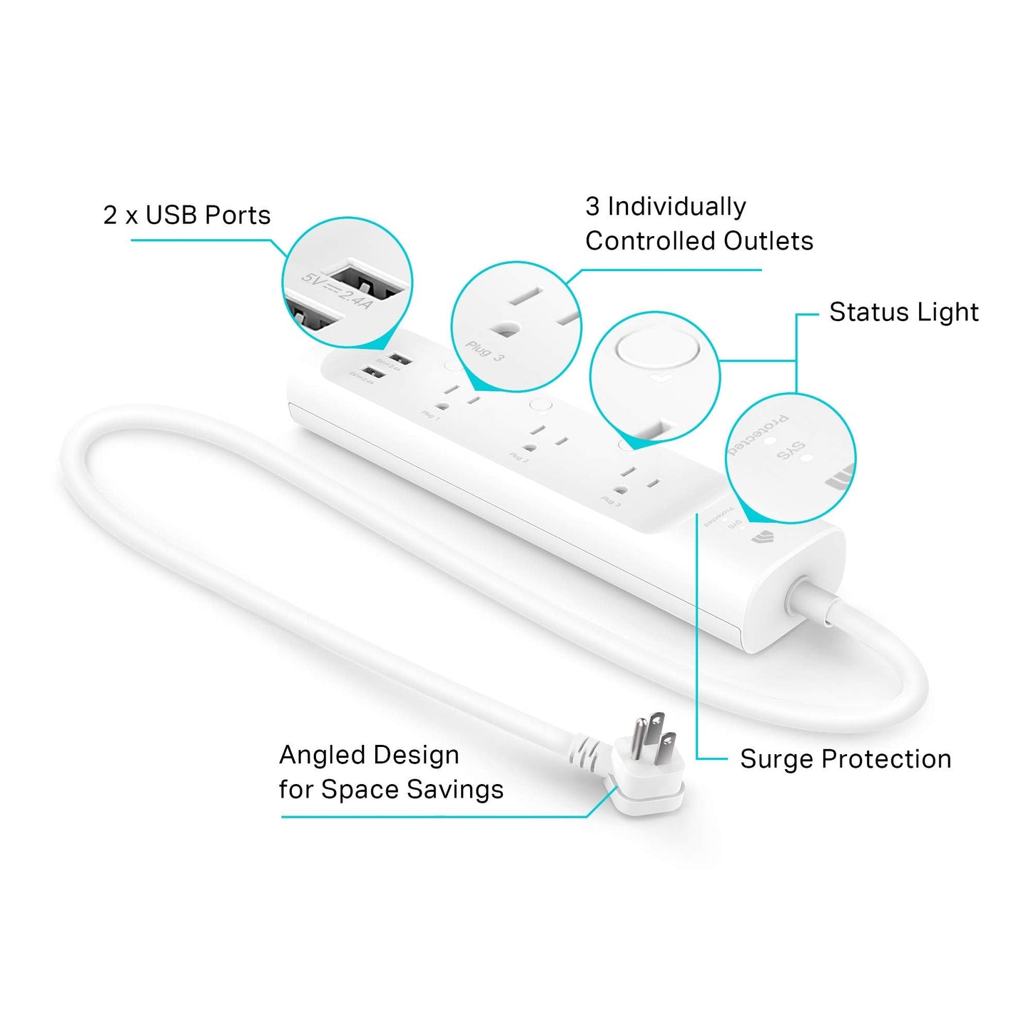 Plug Power Strip KP303, Surge Protector with 3 Individually Controlled Outlets and 2 USB Ports, Works with & Google Home, No Hub Required , White