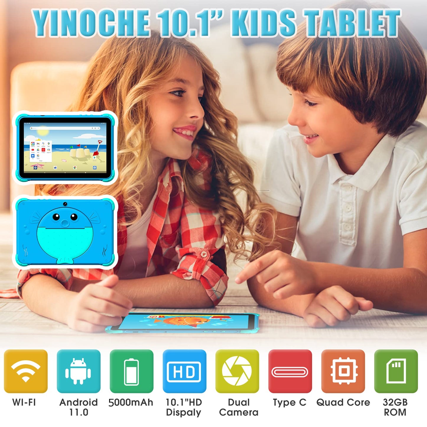 Kids Tablet 10 inch Tablet for Kids WiFi Kids Tablets Android Toddler Tablet with Dual Camera Android 11.0 2GB 32GB ROM 1280x800 HD IPS Touchscreen Parental Control YouTube Neflix (Blue)