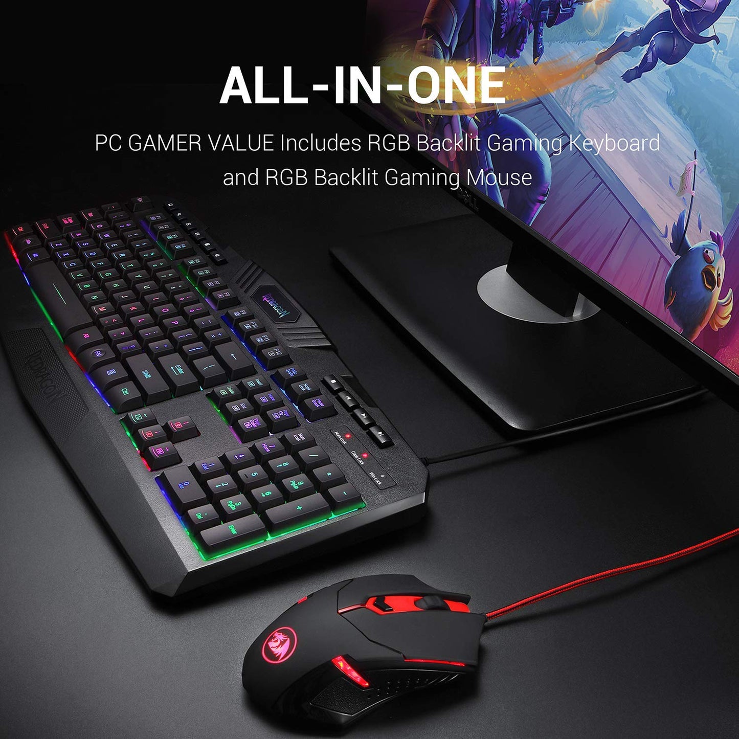 S101 Wired Gaming Keyboard and Mouse Combo RGB Backlit Gaming Keyboard with Multimedia Keys Wrist Rest and Red Backlit Gaming Mouse 3200 DPI for Windows PC Gamers (Black)