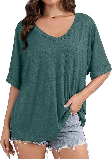 Women's Oversized V-Neck Rolled Sleeve Pocket T-Shirt