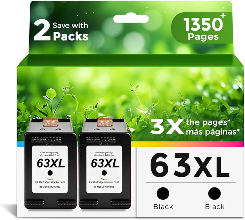 Black Ink Cartridges for HP 63 XL, 2-Pack