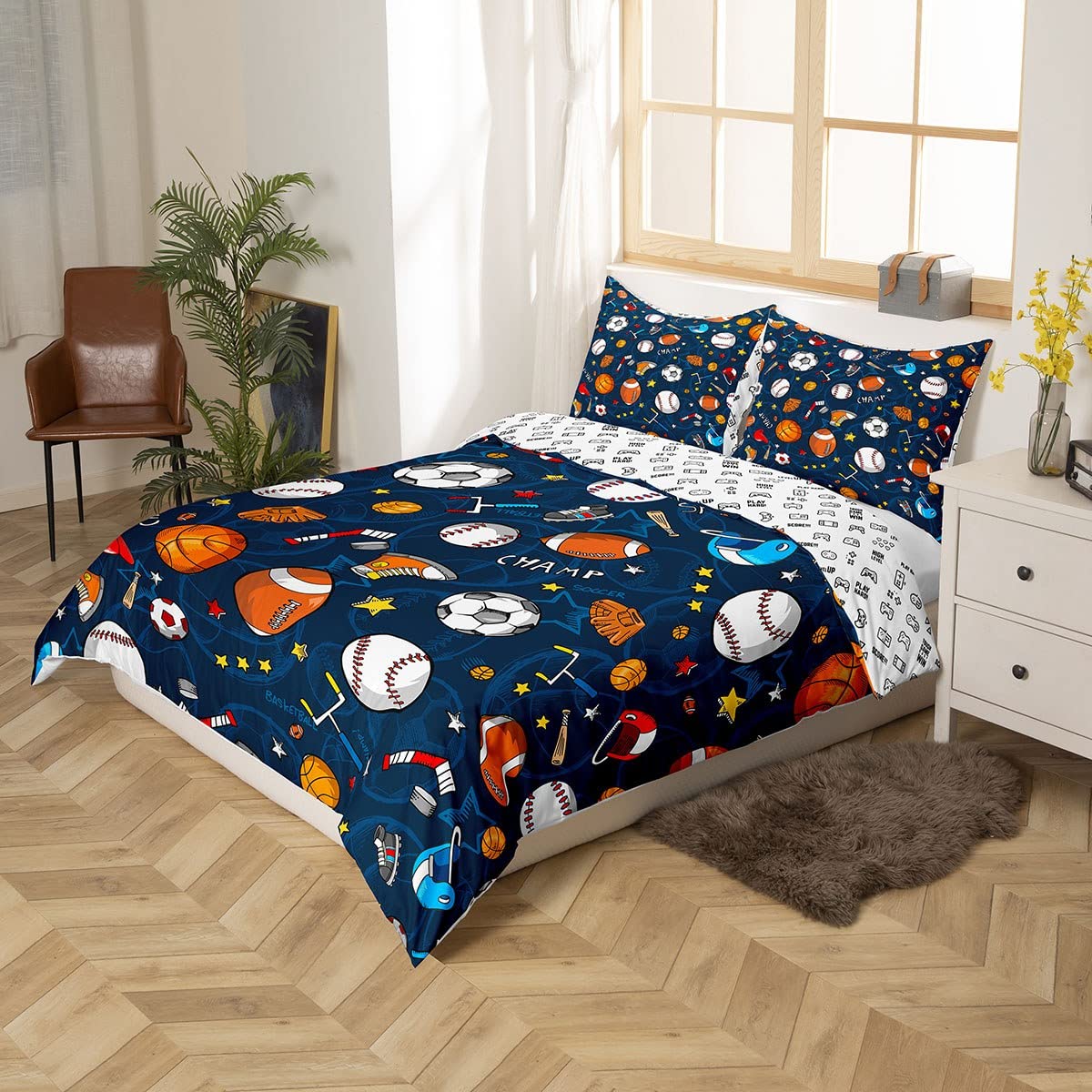 Baseball Bedding Set Football Rugby Basketball Comforter Cover for Kids Boys Girls Youth Ball Sports Themed Duvet Cover Soccer Football Game Volleyball Reversible Quilt Set Queen Size Bedroom Decor
