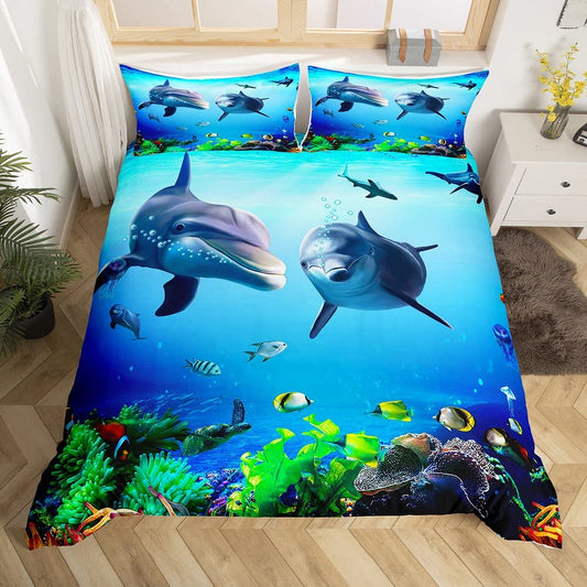 Dolphin Bedding Set Ocean Marine Themed Comforter Cover for Kids Boys Girls Teens Sea Creatures Duvet Cover Breathable H aiian Sealife Blue Bedspread Cover Sea Animal Room Decor Quilt Cover Twin