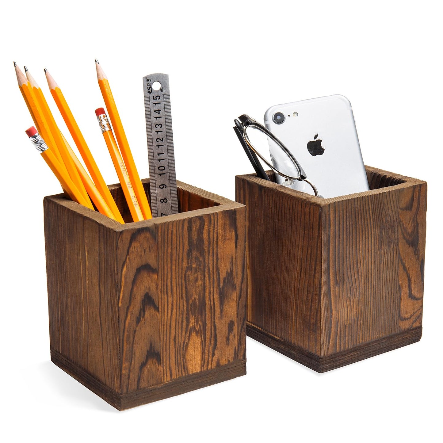 Set of 2 Natural Wood Desktop Pen Holders