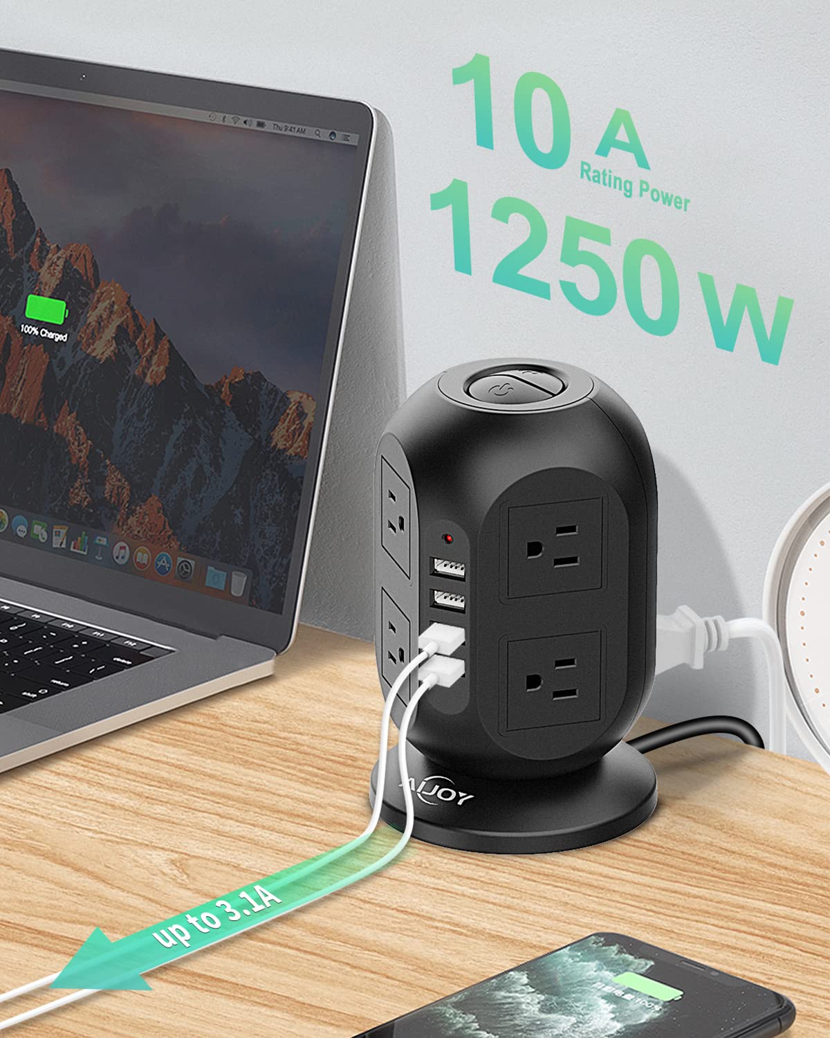 Power Strip Tower with USB Ports, Surge Protector 8 AC Outlets with 4 USB Ports, Fast Charging Station with Extension Cord 10FT, Circuit Breaker Safeguard for Home, Office & Dorm Room