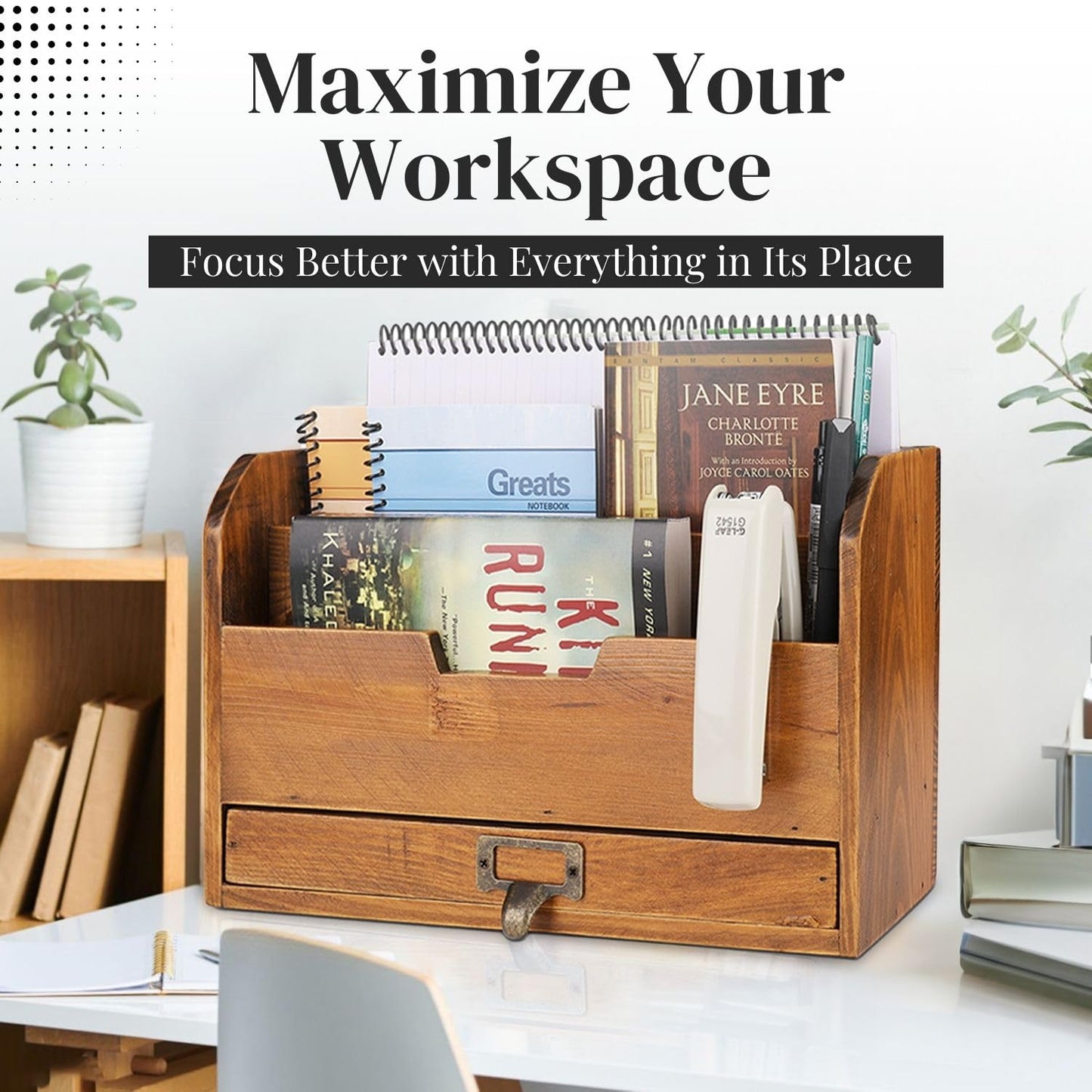 Three-Tier Wooden Desk Organizer with Storage Drawer