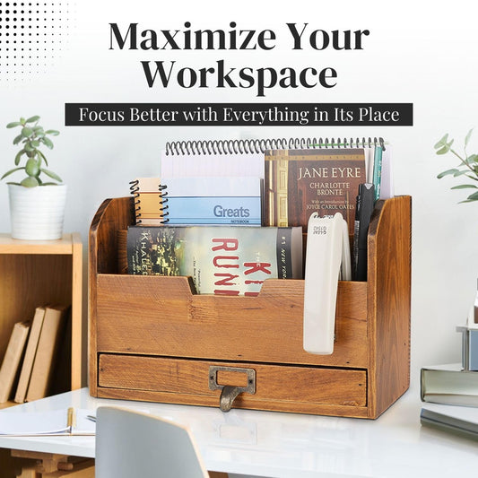 Three-Tier Wooden Desk Organizer with Storage Drawer