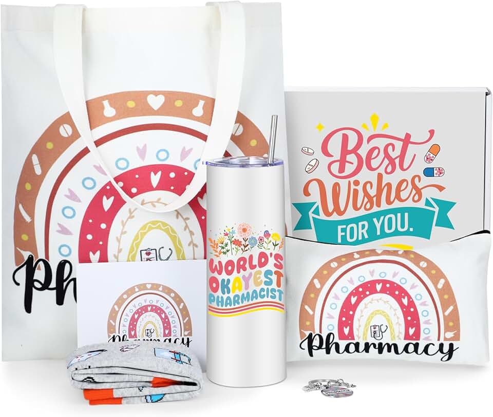 Pharmacy Technician Christmas Gift Set with Tumbler, Tote, Makeup Bag, Keychain, and Card