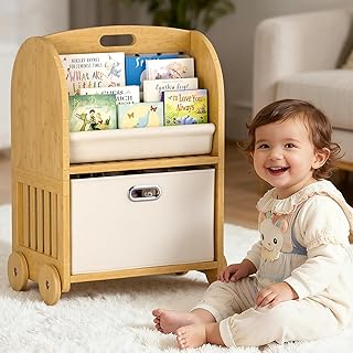 Two-Sided 3-Tier Bamboo Kids Bookcase with Wheels and Storage