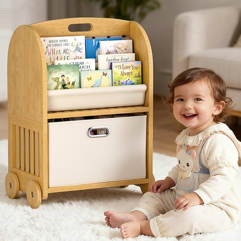 Two-Sided 3-Tier Bamboo Kids Bookcase with Wheels and Storage