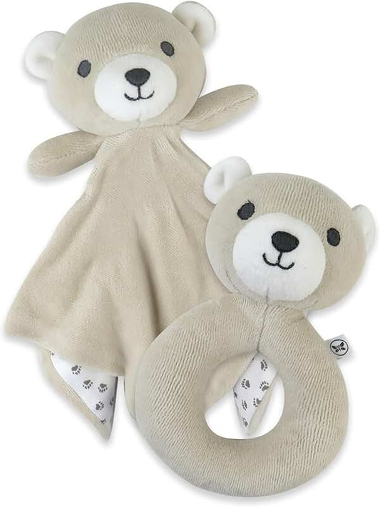 Soft plush toys and rattles for infants