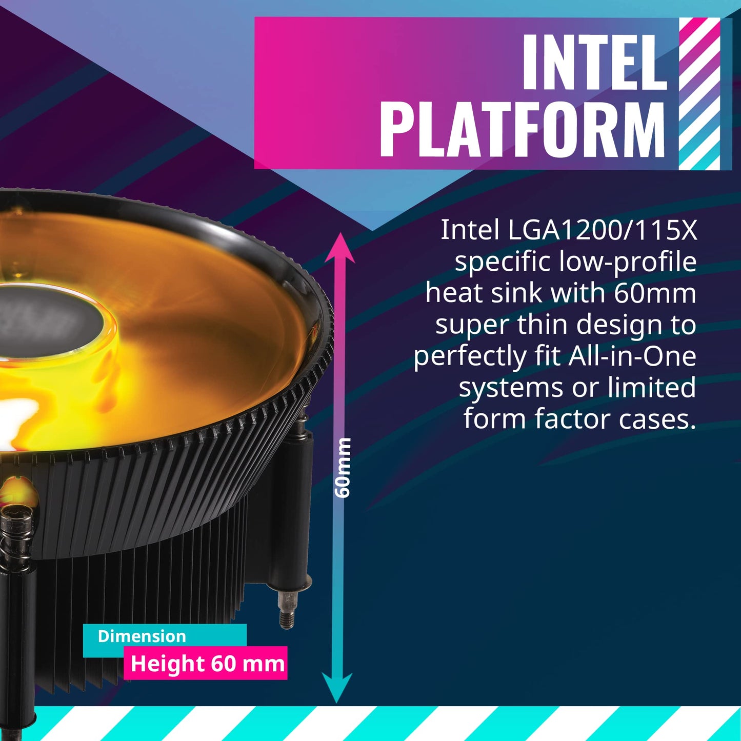 i71C RGB Intel Low-Profile CPU Air , Anodized Black Aluminum Fins, Copper Insert Base, MF120 RGB 4-Pin Lighting Fan for LGA1200/115X