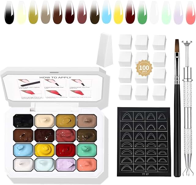 16-Color Ombre Gel Nail Polish Kit with 100 Sponges