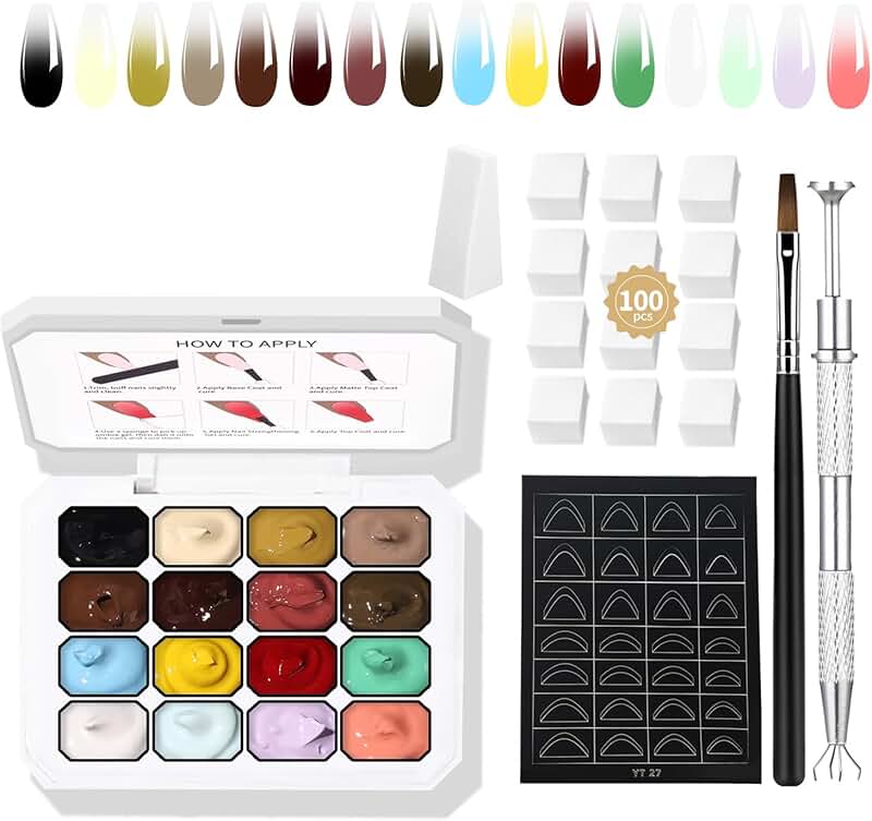 16-Color Ombre Gel Nail Polish Kit with 100 Sponges