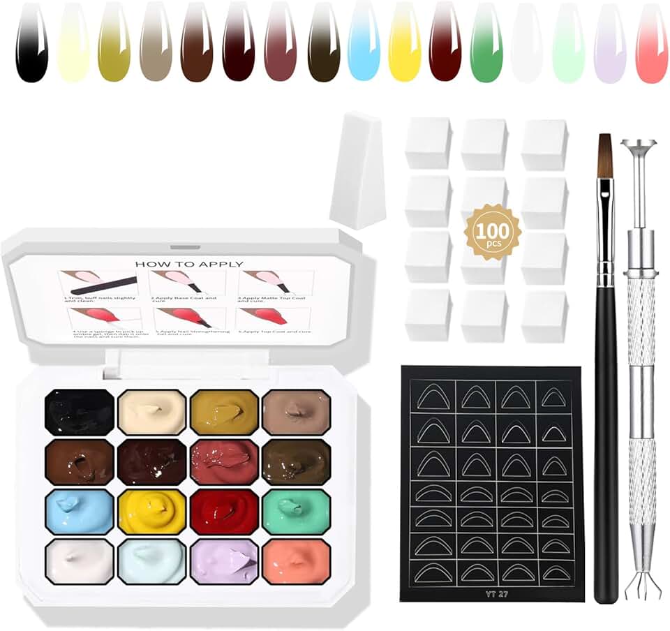 16-Color Ombre Gel Nail Polish Kit with 100 Sponges