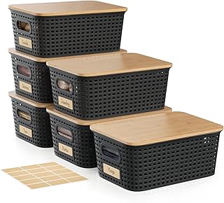 Set of 6 small black storage bins with bamboo lids